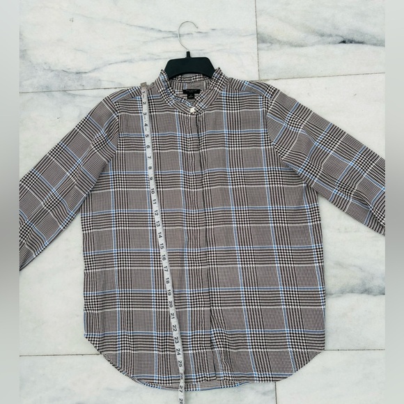 Ann Taylor Brown Blue Houndstooth Print Long Sleeve Button Up Top Large Petite - Picture 7 of 11